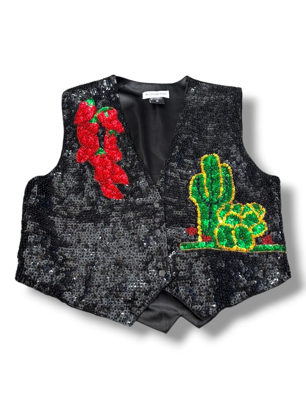 Vintage Black Sequin Southwestern Cactus Chili Pepper Vest Deadstock Desert Boho